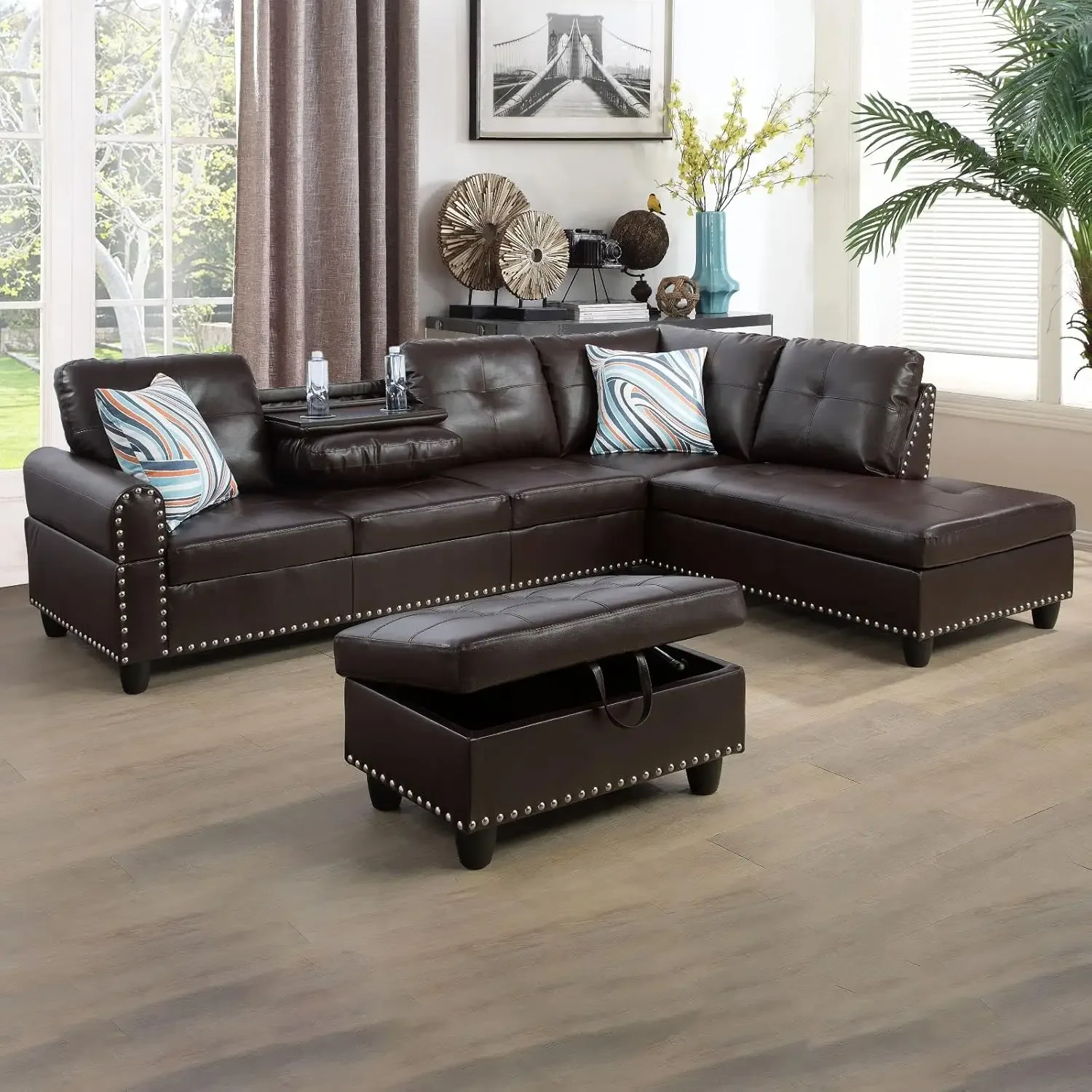 Small Leather Sectional Sofa,Living Room Furniture Sets,L Shaped Couch with Cup Holder and Ottoman