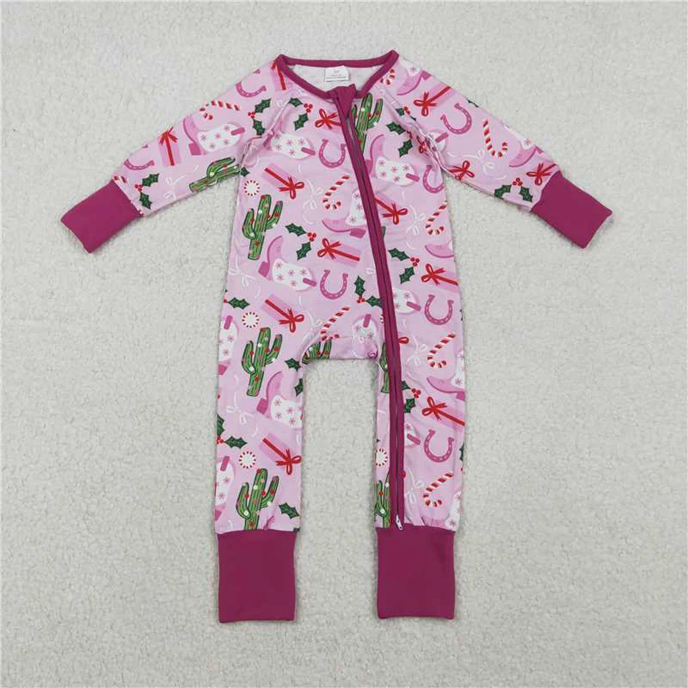 

Sibling Baby Girls Pink Western Boots Christmas Zip Convertible Rompers Candy Cane Gift Zippered Outfit for Infants