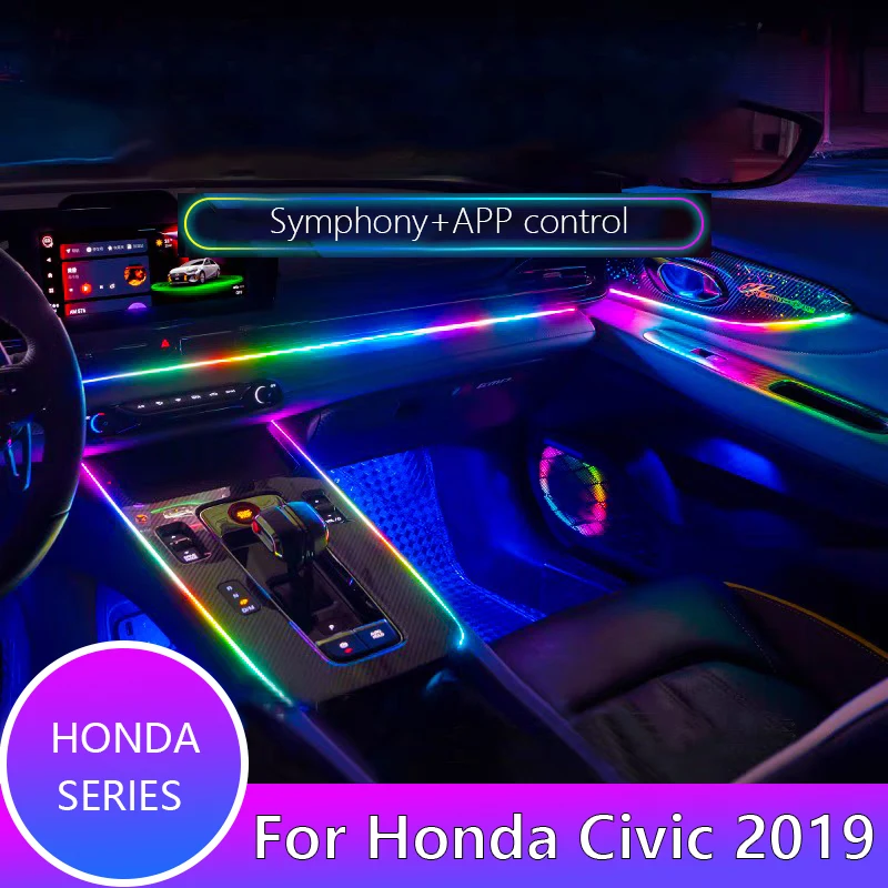 

Для 2019 Honda Civic, внутренняя отделка автомобиля, акриловое искусственное освещение, 64 RGB направляющая, оптоволоконное украшение автомобиля, атмосферное искусственное освещение