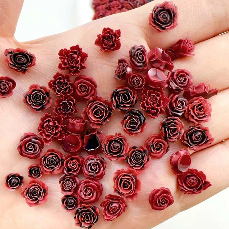 Random Mixed Wine Red Rose Nail Art Charms 3D Retro Resin Luminous Flowers Nail Decorations Accessories For Nails DIY Salon