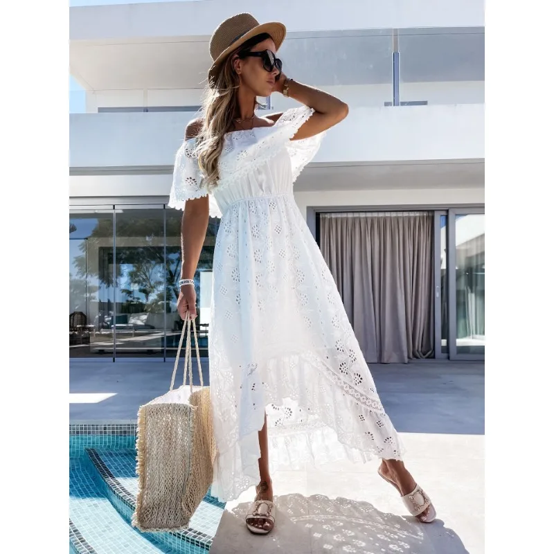 White Lace Trim Boho Off-Shoulder Maxi Dress Women Sexy Strapless Beach Vacation Sundress S-XL