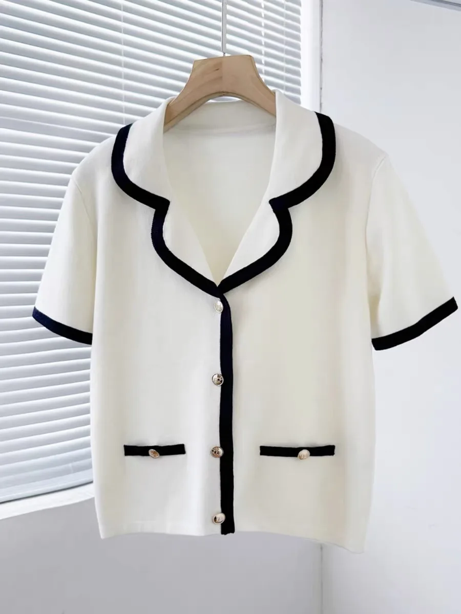 Verão coreano elegante camisola cardigan feminino manga curta único breasted topos malhas elegante moda vintage senhoras jumpers