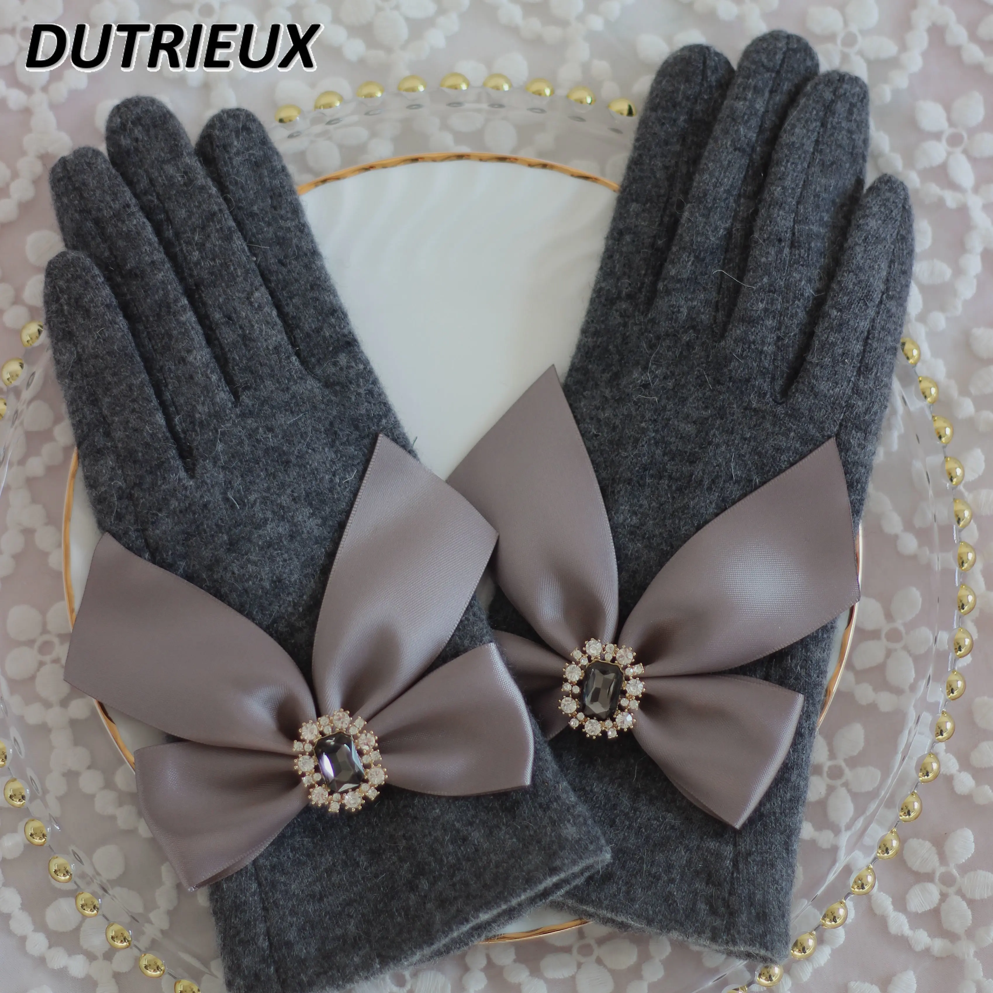 

Handmade Accessories for Women Japanese Style Bow Mittens Rhinestone Gem Sweet Cute Girl Winter Warm Woolen Driving Gloves