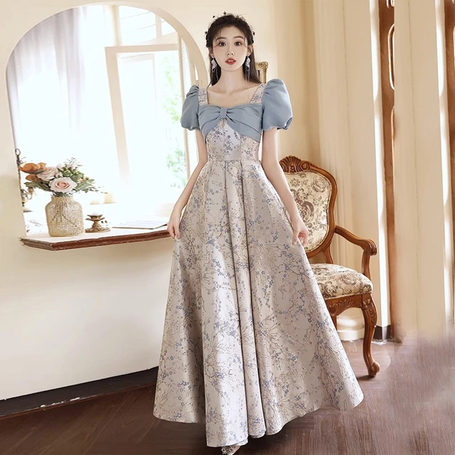 Elegant French Style Formal Evening Dress Retro Blue Puff Sleeve Lace Up Banquet Long Dress Women Engagement Dress AliExpress