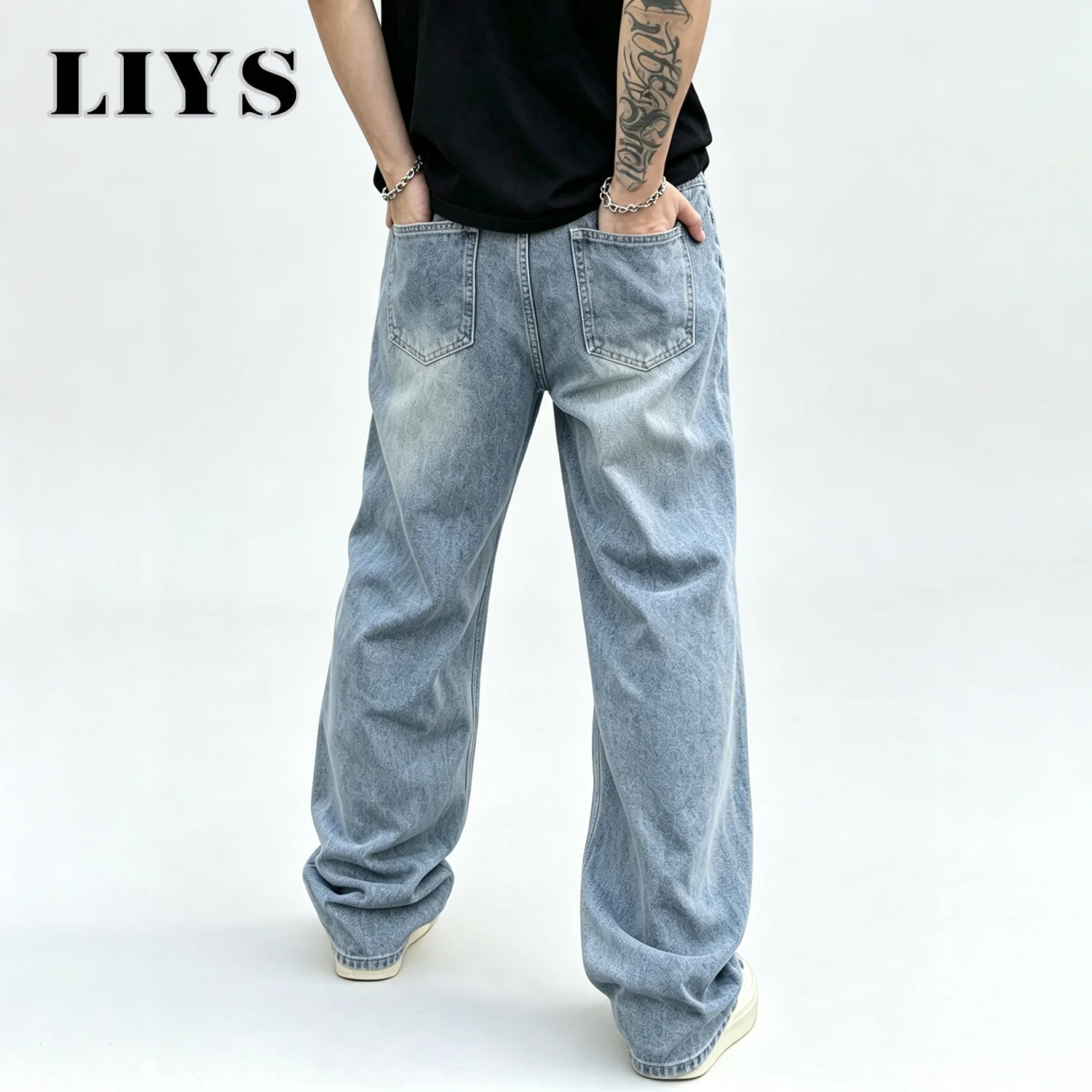 LIYS Autumn New Retro Wide-Leg Men's Straight Blue Jeans High Street With Stretch Loose Straight-Leg Fashion Denim Pants