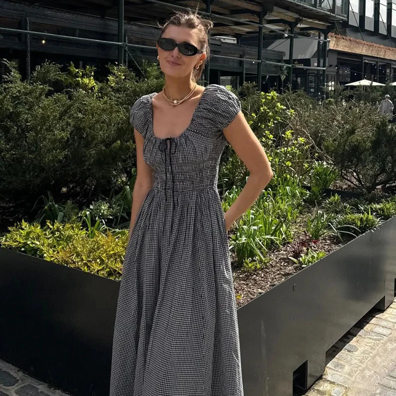 Retro Countryside Long Dr Women's Bubble Sve Waist Cinched Pleated Summer Holiday Series Faionable Fene Gown
