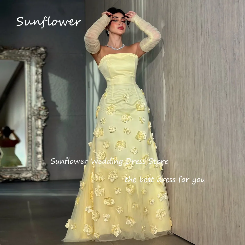 Sunflower Lemon yellow Strapless Appliques Crepe Mermaid Prom dress 2024 Slim Long Sleeve Floor-Length Formal Evening Dress