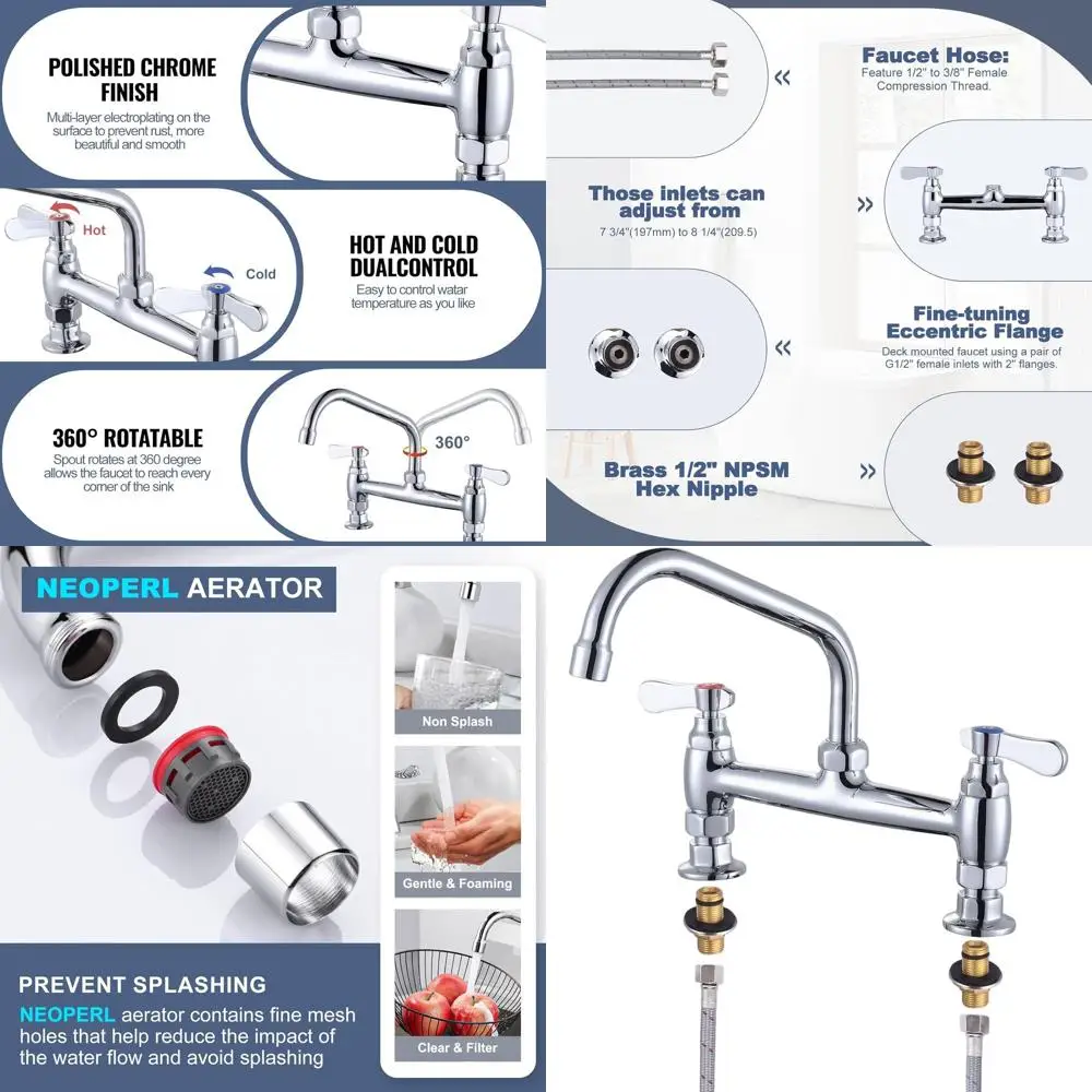 

8 Swivel Spout Deck Mount Kitchen Faucet with Dual Handles, Brass Utility Sink for Laundry and Restaurant Use
