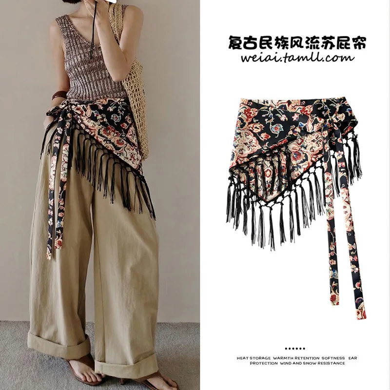 

Tassel Tie Waist Belt Printed Triangle Scarf Women's Spring and Summer Fashion Skirt Curtain Waist Belt with Skirt Layering