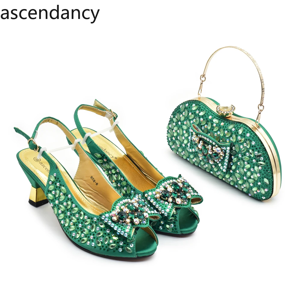 

Luxury Italian Shoes and Bag Set for Women Nigerian Shoe and Bag Set for Women Italy Rhinestone Elegant Woman Heeled Pumps