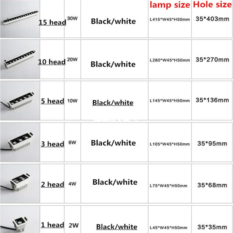 Dimmable embedded Grille lamp Spot Light  2W 4W 6W 10W 20W 30W COB LED Tube light AC85~265V LED lamp for indoor lighting