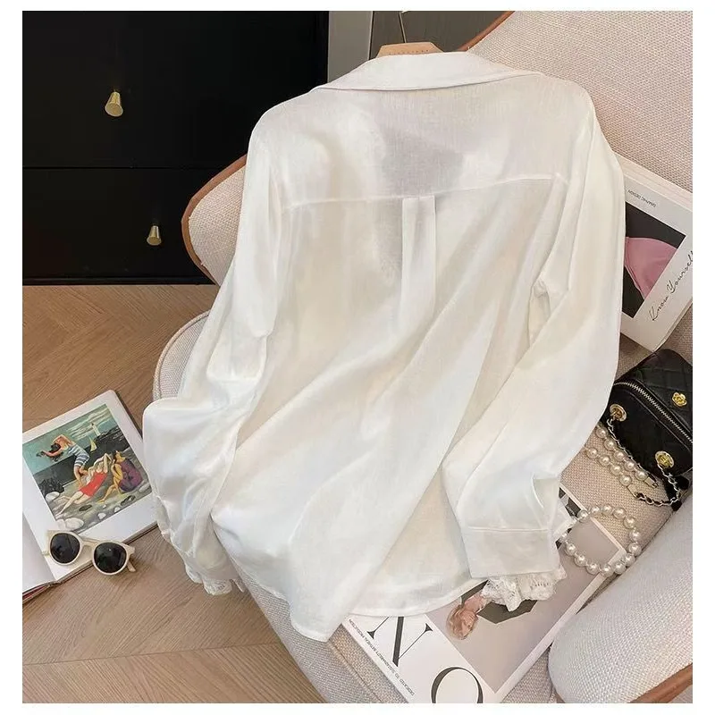 Luxury White Fake Two Pieces Lace Patchwork Shirt Long Sleeve Loose Blouse Office Lady Spring Autumn Outerwear Women's Clothing
