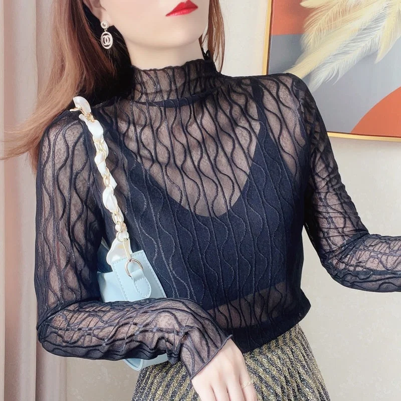 Half Turtle Neck Mesh Base for Women's Inner Long Sleeves New Style Thin Lace Top with Black Ears