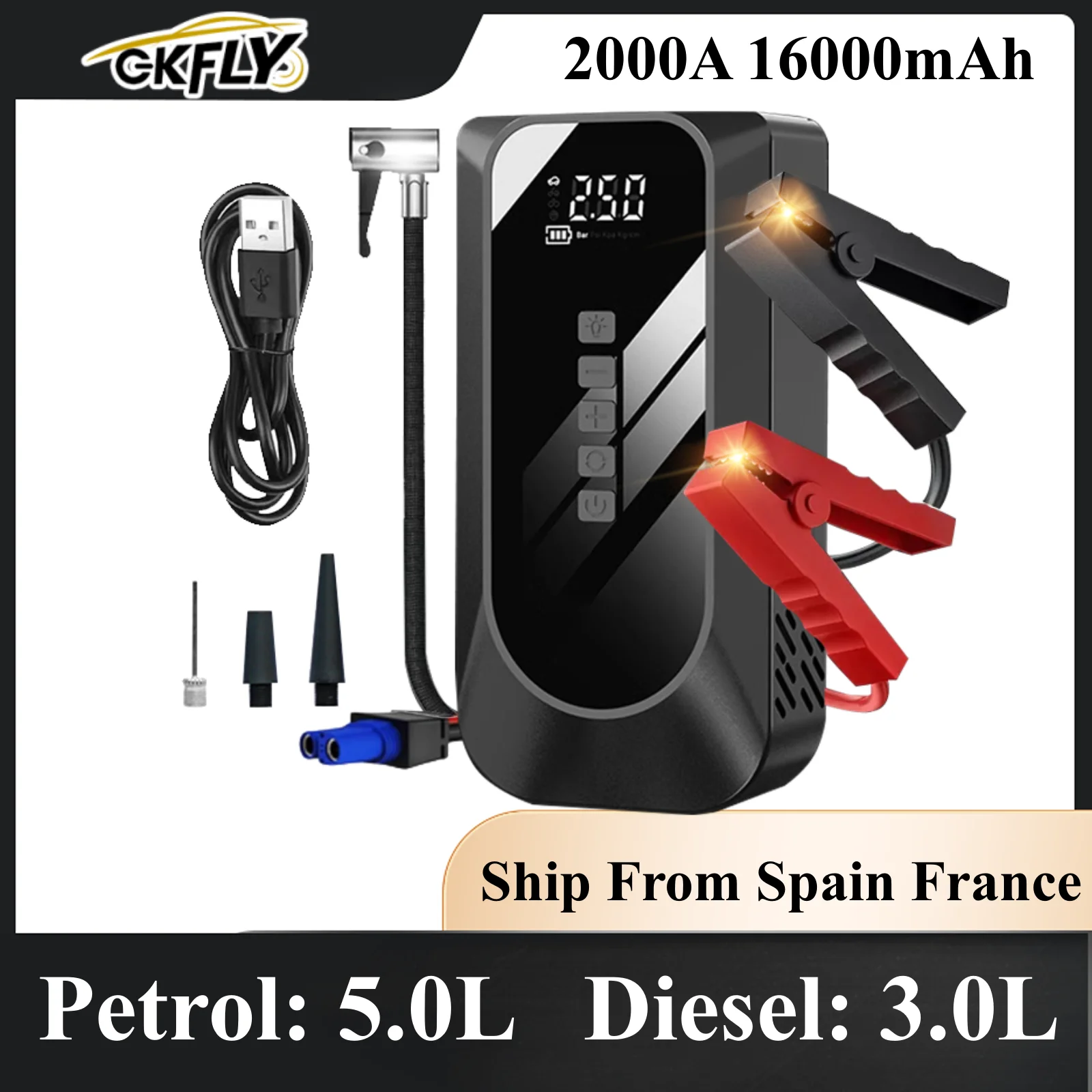 GKFLY 4 In 1 Car Jump Starter Air Compressor 2000A Portable Power Bank 16000mAh Car Battery Charger Booster Starting Device