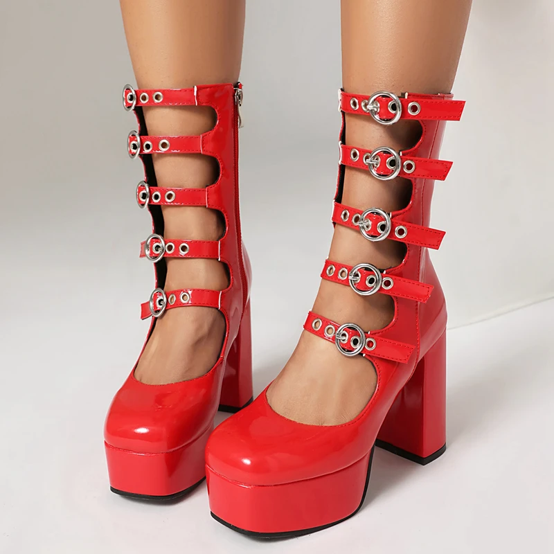 Big Size 41 42 43 Spring New Fashion Gothic Ankle Straps Motorcycle Boots Red Purple Thick Platform Super High Heels Party Shoes