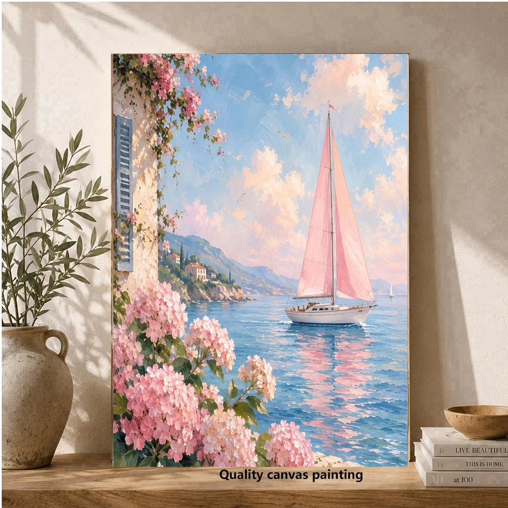 Coastal wall art, pink sailboat print, beach house decor, ocean wall art, summer seascape, home living room decor, no frame