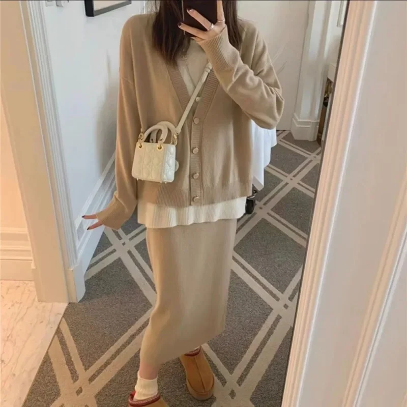 

Korean Fashion Knitted Skirts Two Piece Set Autumn Winter Women Elegant Loose Sweater Cardigan Tops + High Waist Long Skirt Suit