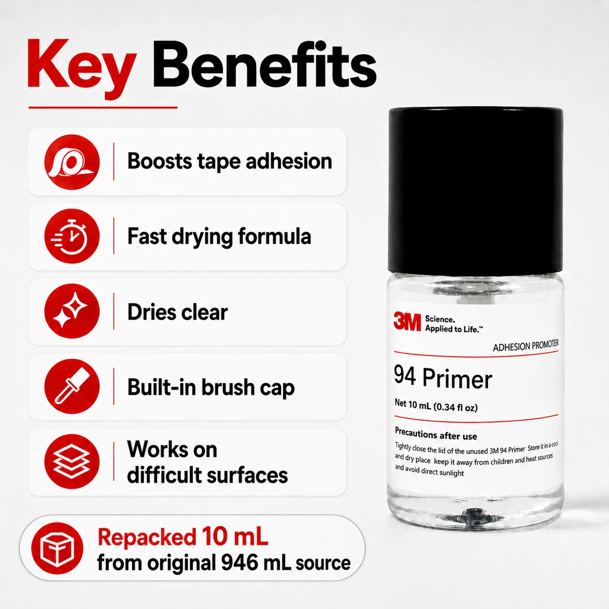 Original 3M Primer 94 Adhesion Promoter 10ml Repack High Adhesion Surface Treatment for Car Wrap Tape Plastic Metal