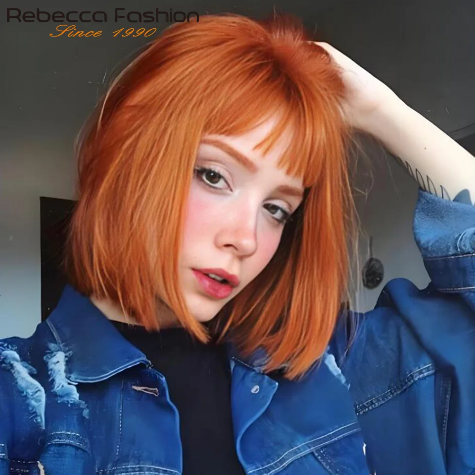 

Оранжевый имбирь # Короткий парик-каре из натуральных волос, 350 г, коричневый, с челкой, полностью машинной работы, готовый к ношению