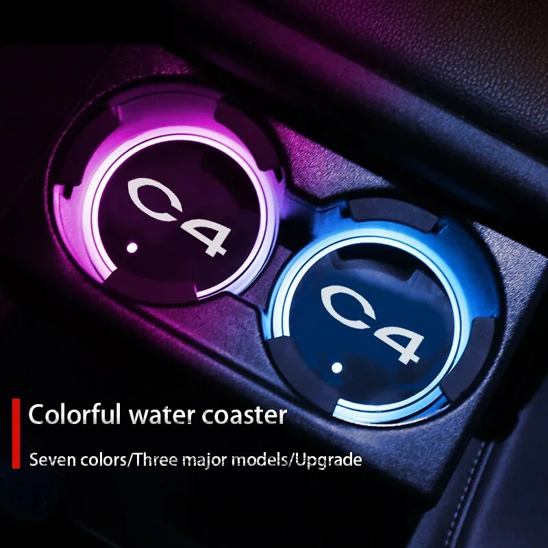 

2 Pcs Car Cup Holder Coaster for Citroen C4 with 7 Colors Changing USB Charging Mat Cup Pad Insert LED Interior Atmosphere Lamps