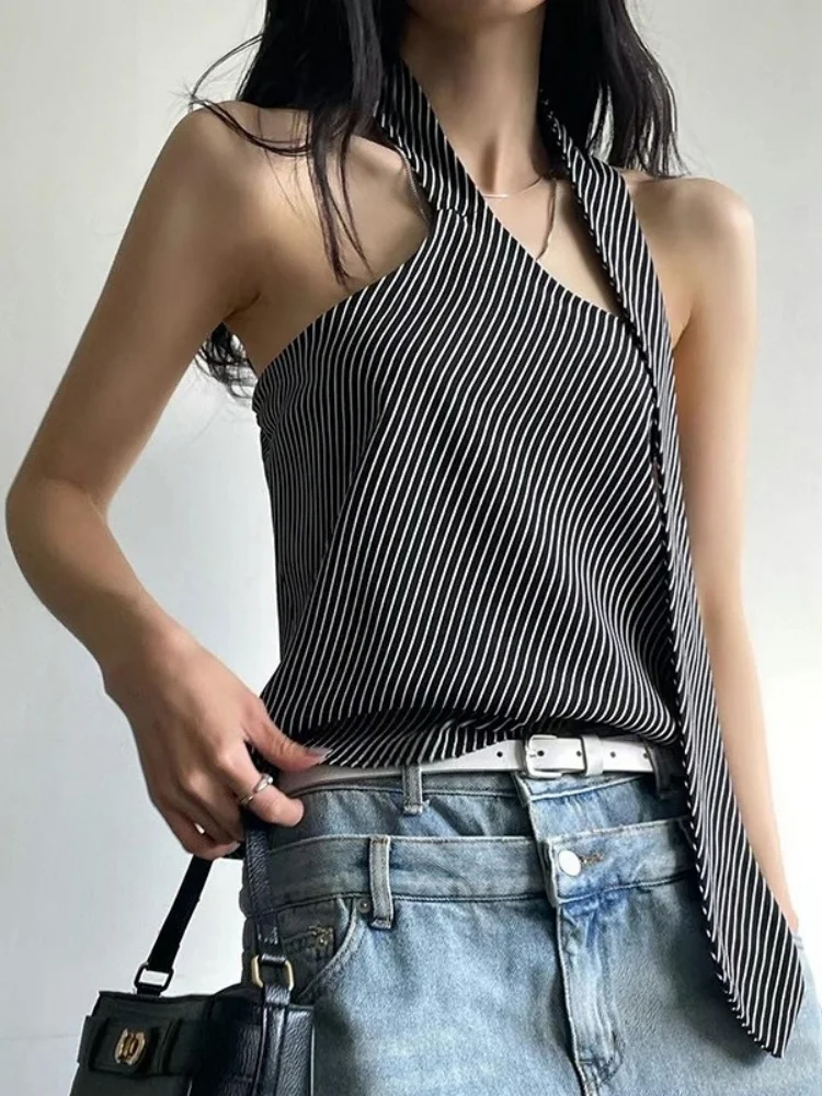 Stripped Print Halter Top Women Edgy Clothes Y2k Accessories Neck-mounted Camison Verano Backless Ropa De Mujer Summer Outfits