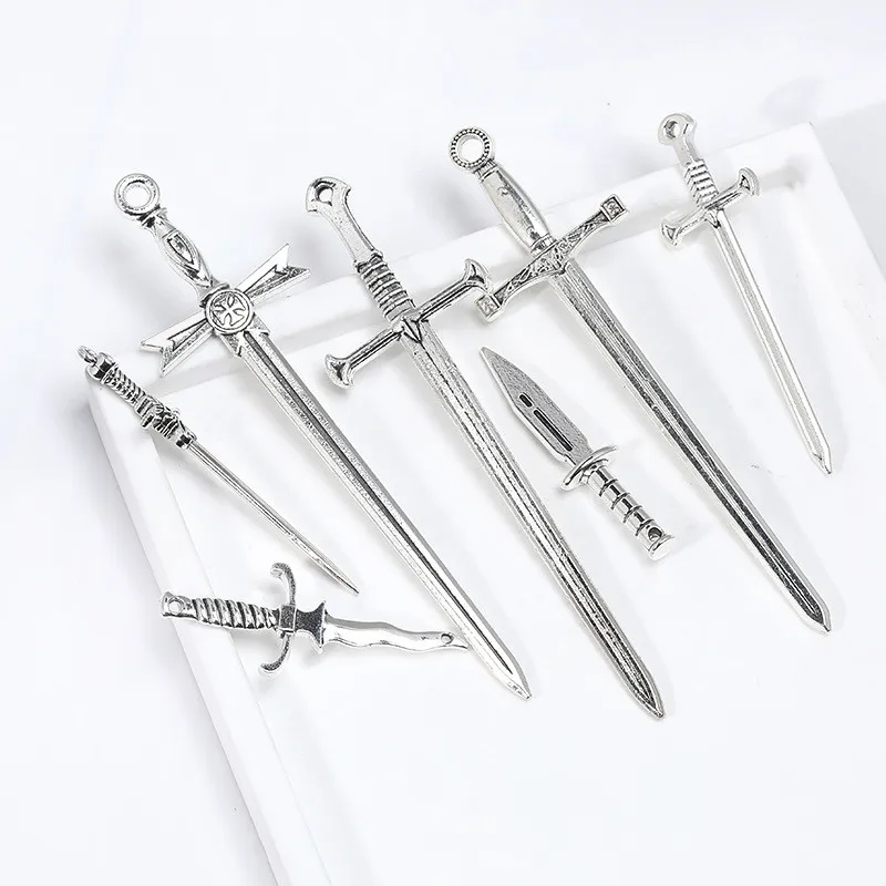 10pcs Antique Silver Plated Sword Blade Charms Pedants DIY Jewelry Making Accessories for Necklace Craft Findings