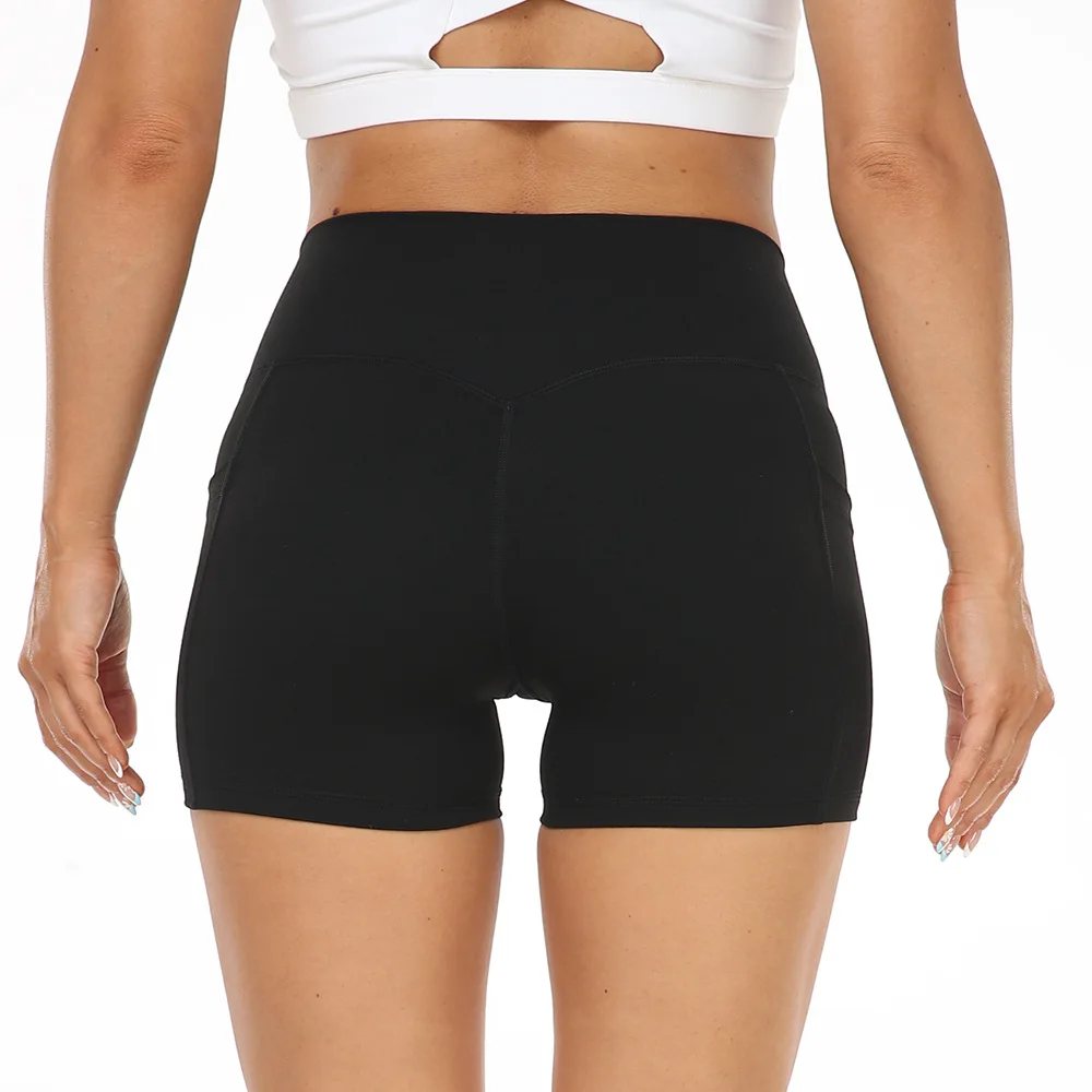 Women New Solid Color Patchwork Slim Pocket Yoga Sports Shorts Pants Gym Fitness Solid Color Elastic