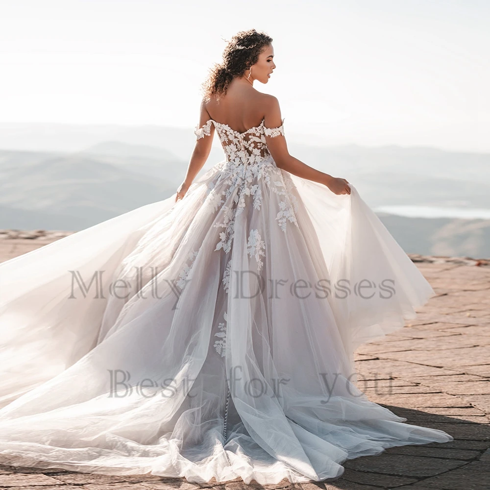 Exquisite Champagne Wedding Dresses with Lace Soft Tulle 2025 Summer Off Shoulder Bridal Gowns for Women New Vestido De Novia