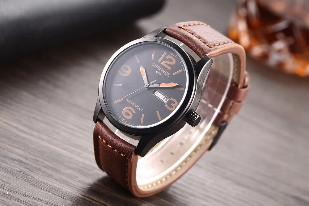 Men\'s Fashion Causal Calendar Wristwatch Top Brand Waterproof Classic Brown Black Leather Watch Numeral Clock Relogio Masculino