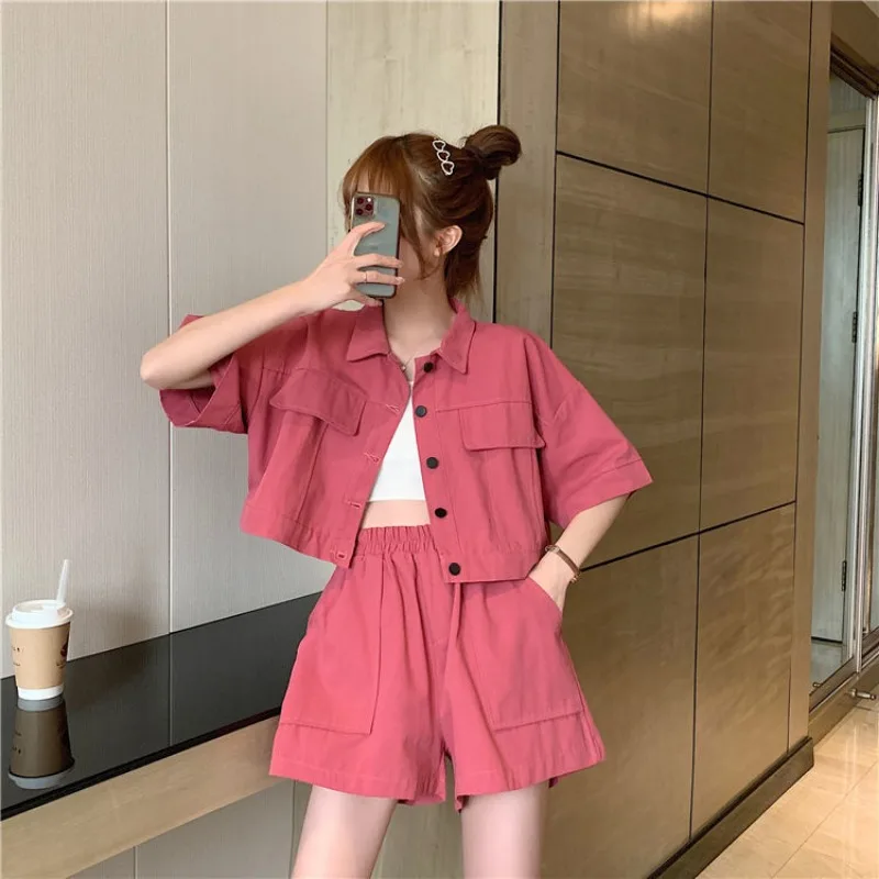 Fashion Women\'s Two-piece POLO Collar Cardigan Jacket+drawstring Elastic High Waisted Shorts for Commuting Sweet Korean Fashion