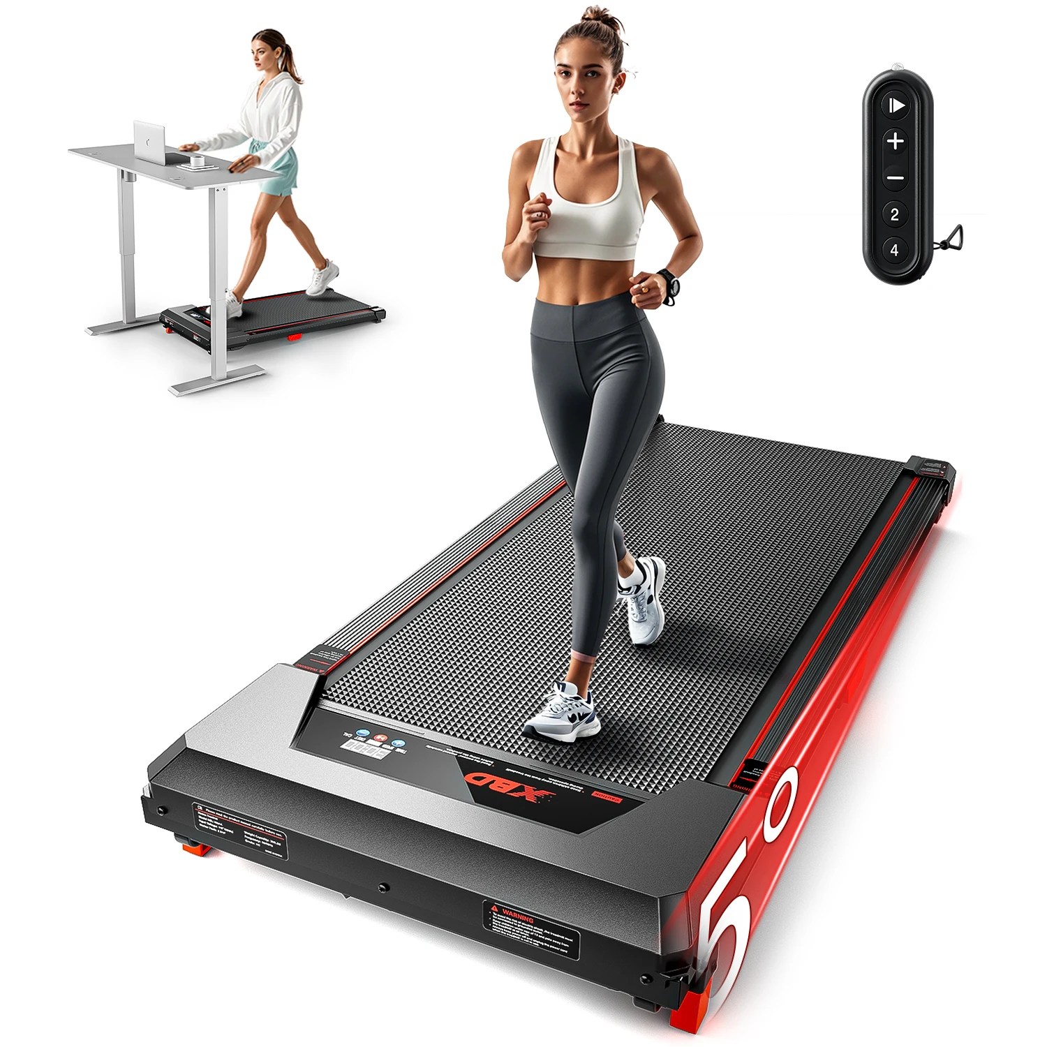 XBD Almohadilla para caminar inclinada portátil: capacidad de 330 lb, cinta de correr debajo del escritorio de 2,5 HP con pantalla LED y control remoto