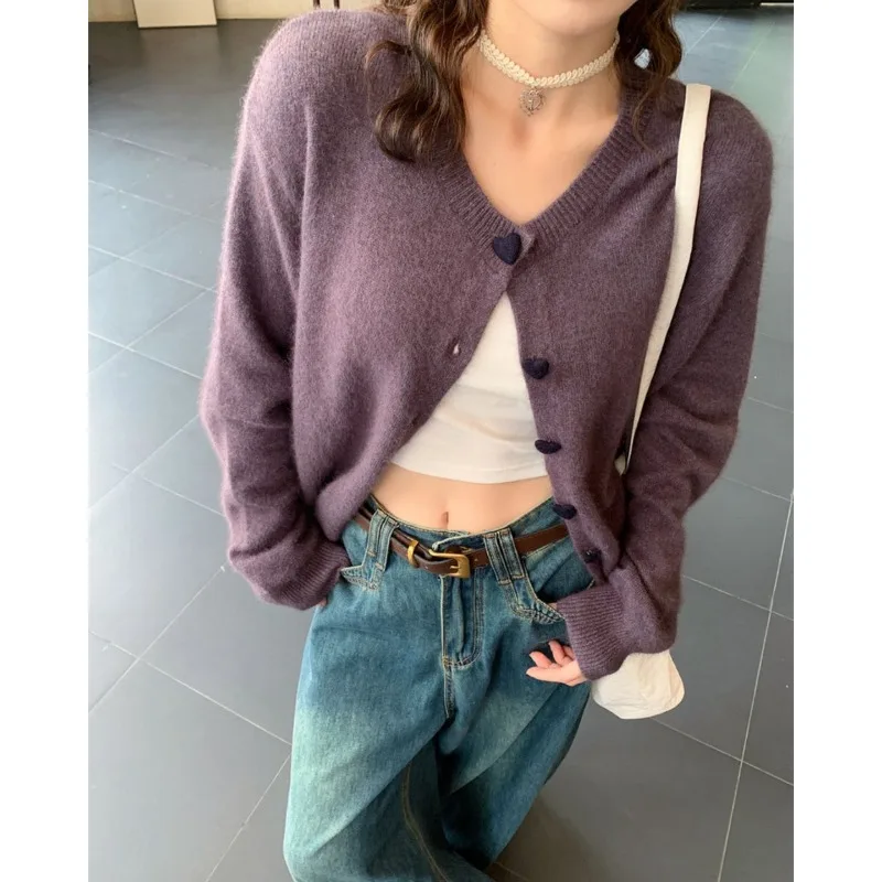 Women Autumn Fashion Love Buttons Solid Color O-neck Long Sleeve Knitwear Women Clothes Korean Casual Knitting Cardigan Coat