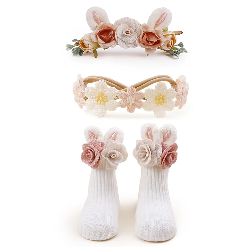 Four Seasons Flower Print Girl Nylon Headband Socks Set  for Birthday Party Art Photo Wedding Flower Girl Daily Matching 3pcs