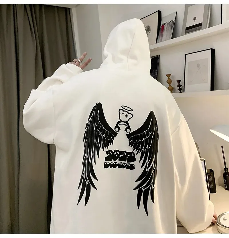 Autumn Winter Streetwear Y2K Men Hoodies Angel Wings Printed Oversized Casual Hooded Sweatshirts Male Fashion Unisex Pullovers