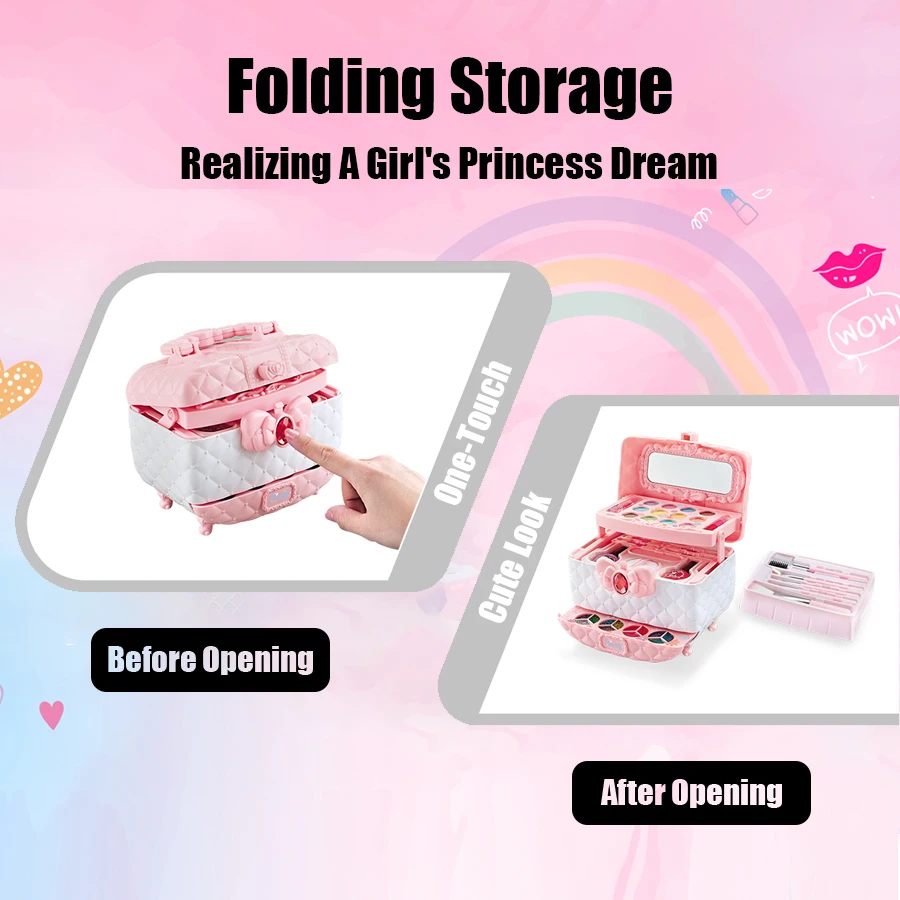 Kids Makeup Kit For Girls Princess Real Washable Pretend Play Cosmetic Set Toys With Mirror Non Toxic Safe Birthday Gifts