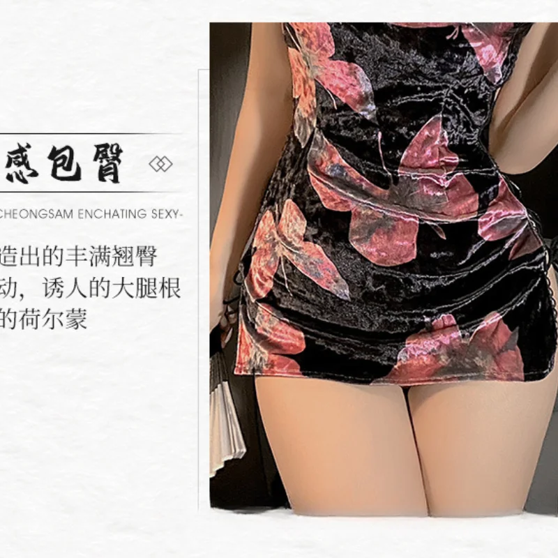 4XL Plus Size Sexy Lace Up Split Qipao Dress Traditional Chinese Cheongsam Slim Erotic Sexy Mini Dresses Sex Bandage Pyjamas