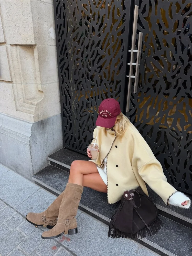 

Casual Asymmetric Woolen Women Coats Stand Collar Single Breasted Contrast Female Jacket 2025 Autumn Winter Fashion Lady Outwear