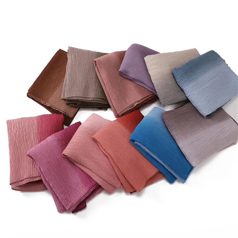 Women Plain Ombre Wrinkle Polyester Shawls Scarf Lady Shimmer Pleated Headband Wrap Solid Crinkle Scarves Muslim Hijab 180*70Cm