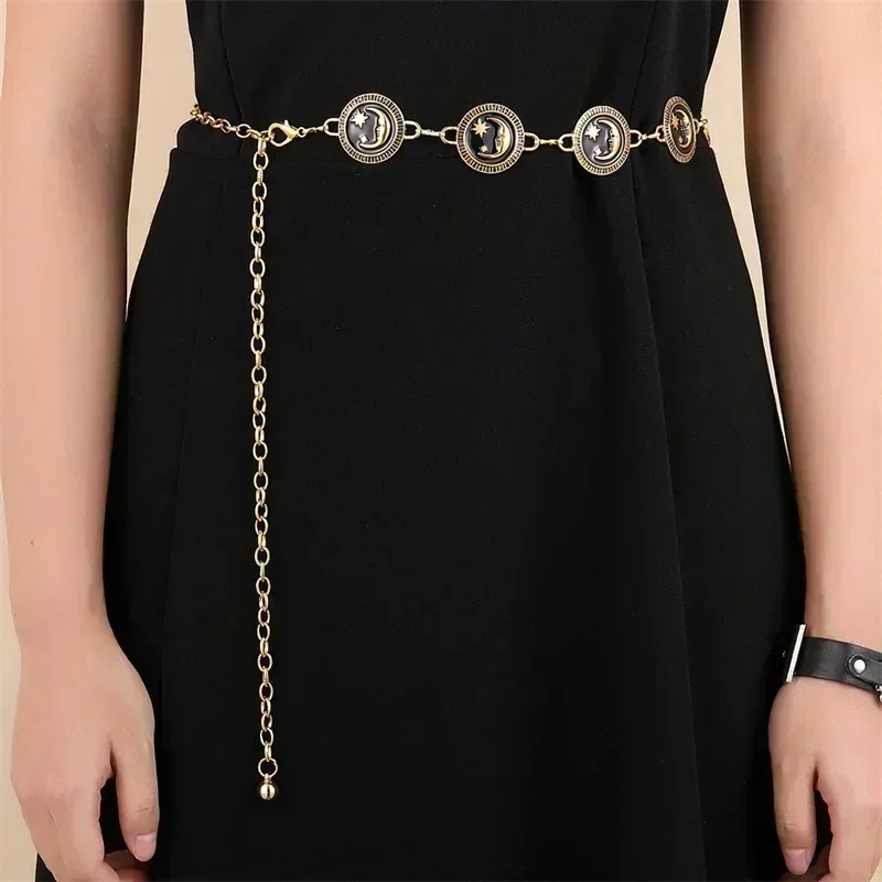 Goth Punk Y2K Moon and Star Vintage Gold Color Chain Belt Goth Pattern Designer Women Clothes Waist Belt Elegant Prom Belt