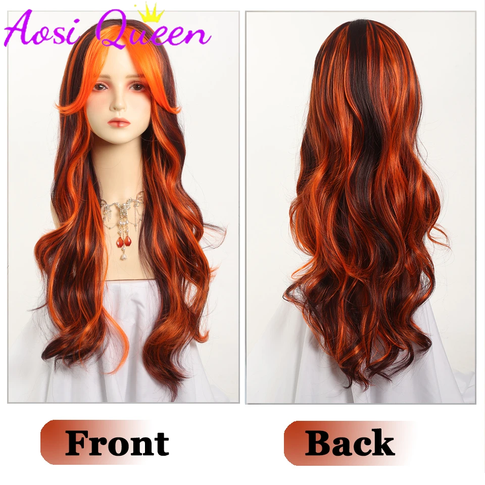 Long Synthetic Flame Orange Highlights Wavy Wigs for Women 28 inch Wig with Bangs Natural Layered Wig for Girls Cosplay Party