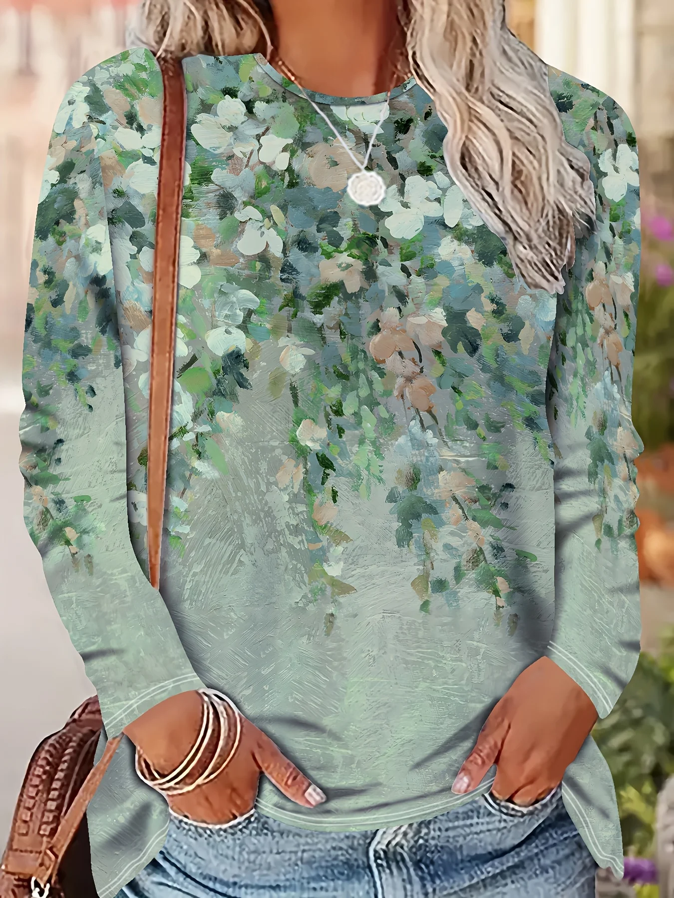 Women's Long Sleeve T-Shirt, Light Blue And Green Floral Print Pattern, All-Winter Holiday Style Top Suitable For Leisure And Sports Scenarios view 2