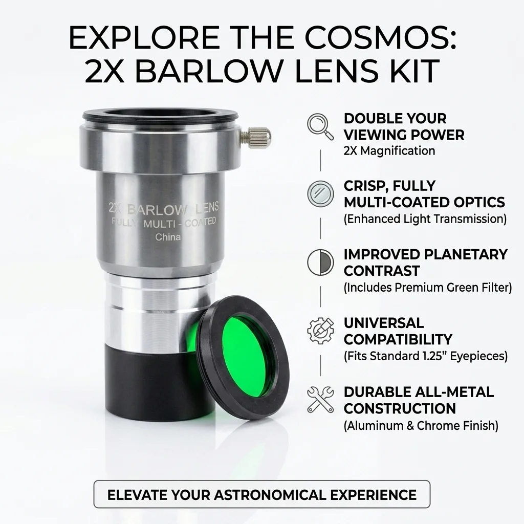 Lente Barlow 2X con Filtro Verde para Telescopio, Lente Barlow Metálica de 1.25 Pulgadas con Recubrimiento Multicapa para Observación de la Luna y los Planetas