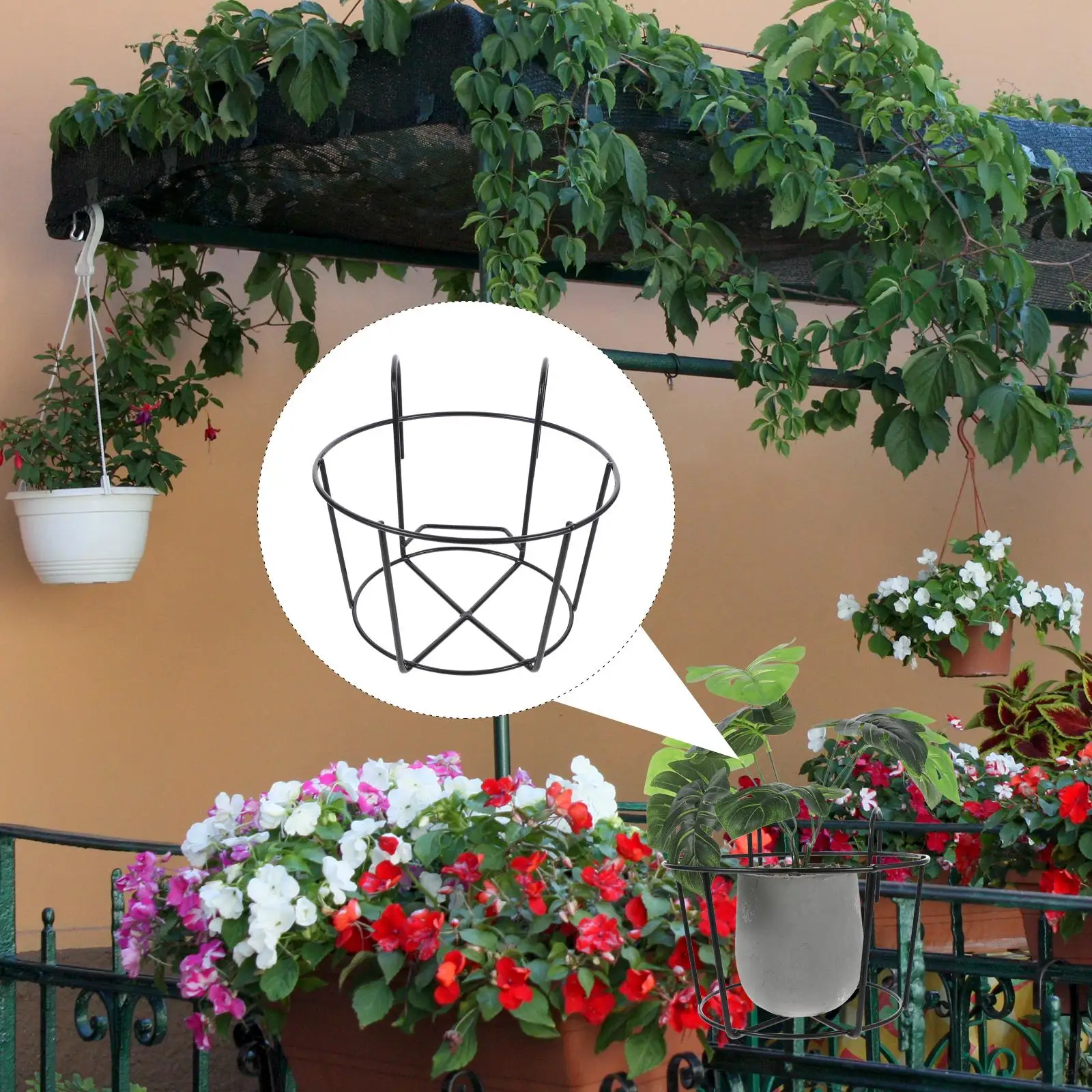 2 Pcs Balcony Flower Stand Plant Pot Holder Black Railing Planter Hanging Basket Rack Durable Metal Suitable Tabletop Windowsill