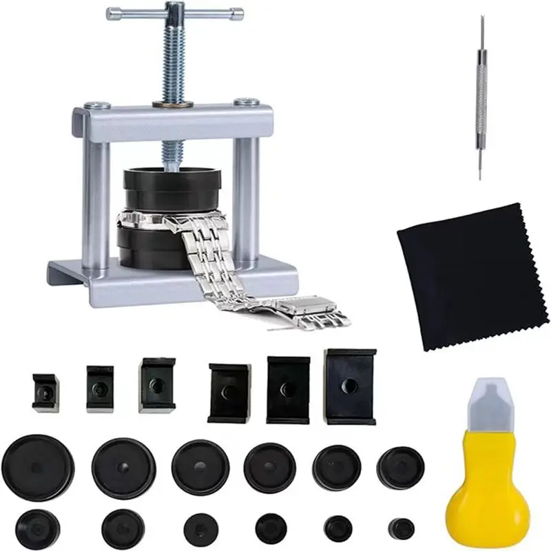 

22 шт., набор для пресса для часов, инструменты для ремонта часов с 18 нажимными пластинами, дырокол для ушей, пылезащитная ткань, изогнутая крышка ножа, прижимная батарея, инструмент