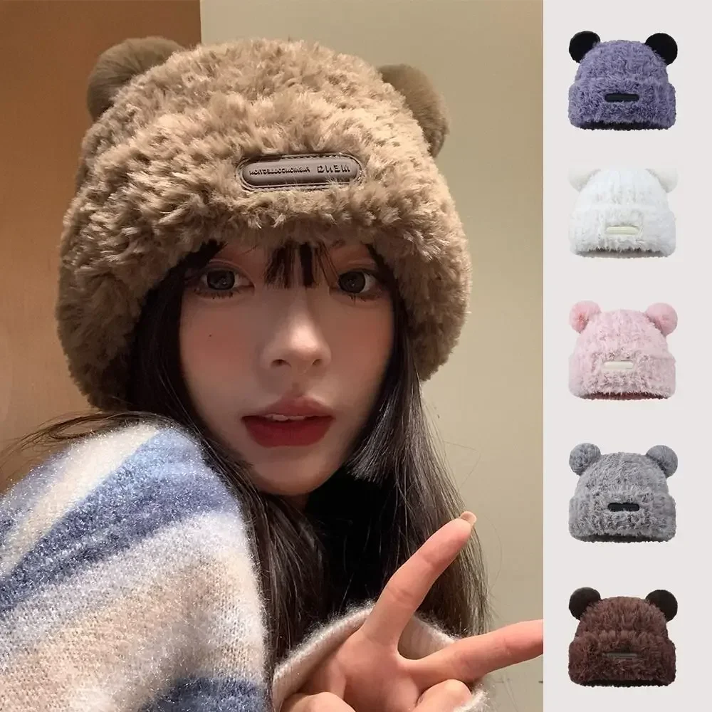 2023 Fashion Winter Women Novelty Beanies Caps Warm Cute Bear Ear Hat Casual Couple Knitted Plush Hat Solid Women Caps Present