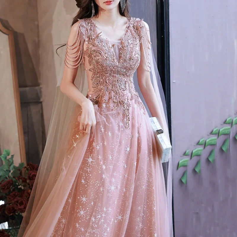 Customized Luxury Mesh Shawl Evening Dress Female High-End Light Banquet Temperament Ceremony Host Party Prom Gown 2024 New Summ