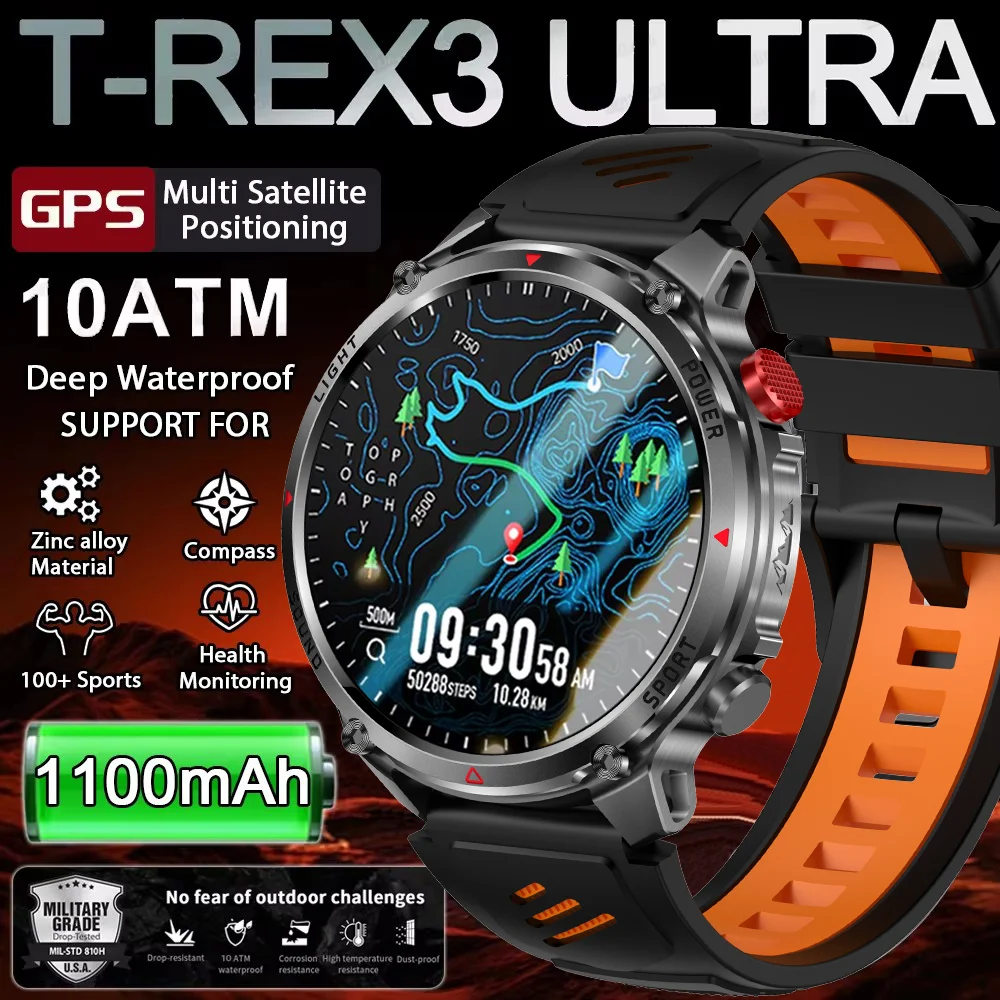 

2027 T-Rex3 Ultra 1100mAh Battery Smart Watch GPS Track Compass IP69K Waterproof tracker Outdoors Military Smartwatches