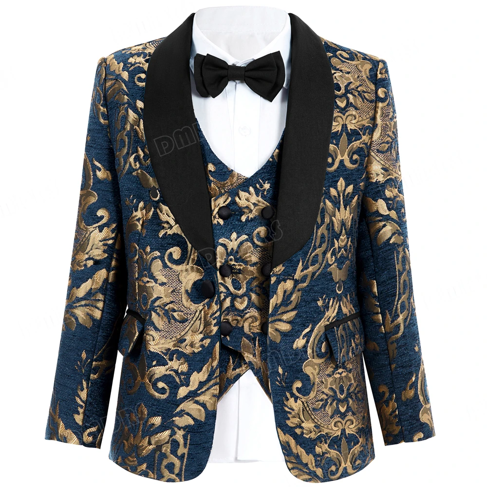 Gold Floral Boys Suit Set Shawl Neck Kids Formal 4 Pieces Suits Wedding Ring Bear Tuxedo One Button Boy\'s Suits 3-14 Years