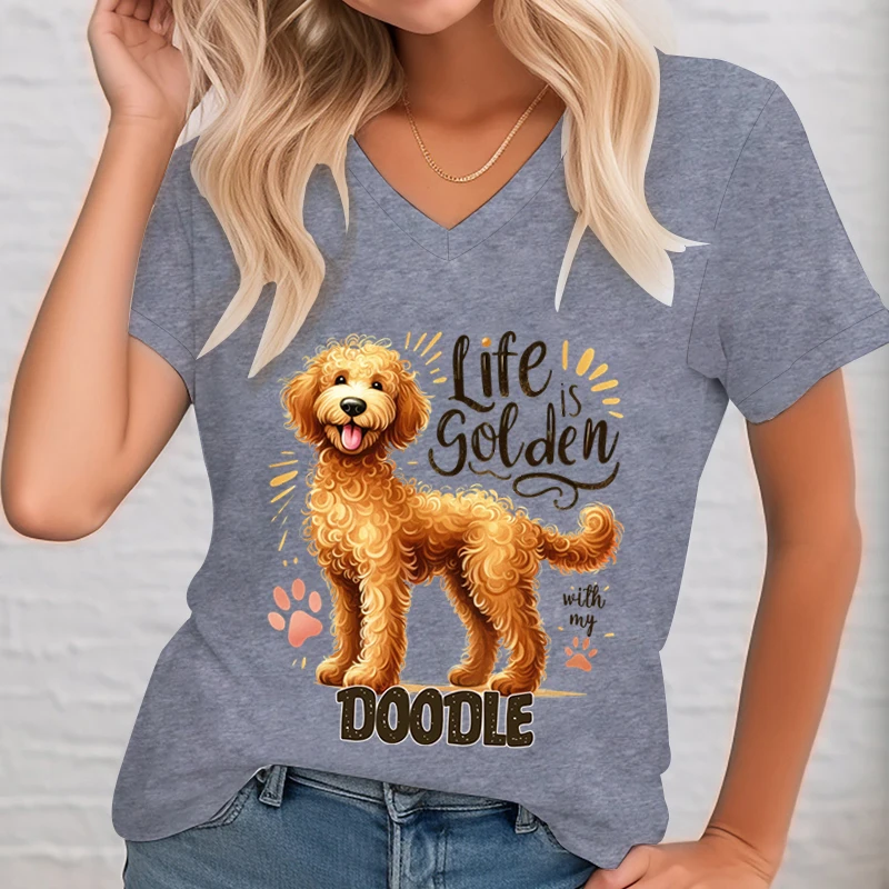 Cute Goldendoodle Women Tshirt Life Is Golden with My Doodle Graphic T-shirt Dog Paw V-Neck Short Sleeve Funny Women T Shirt