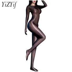 Women's Glossy See-Through Bodysuit Stretchy Skintight Jumpsuit Sexy Open Crotch Bodystocking Catsuit Lingerie Nightwear